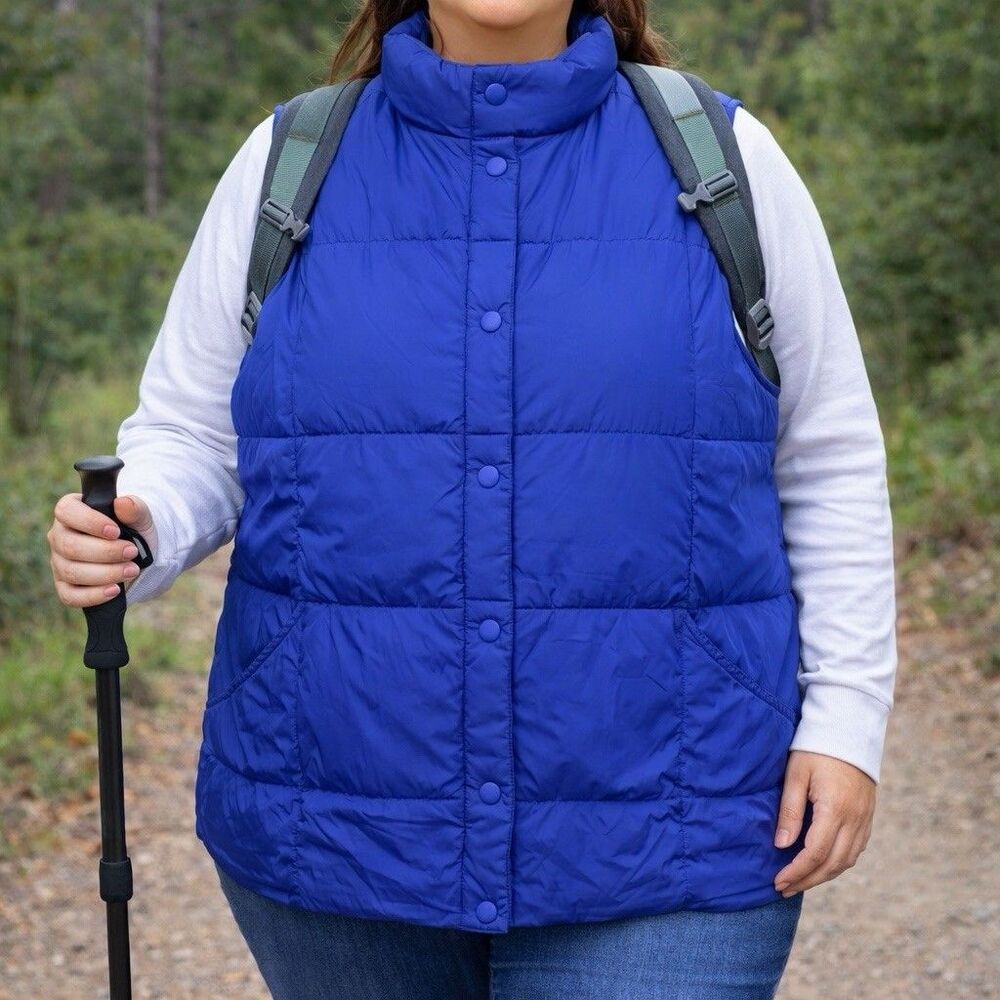 Lands' End Puffer Vest Down Filled Blue Women Plus 1X Snap Clasp Outdoor Hiking